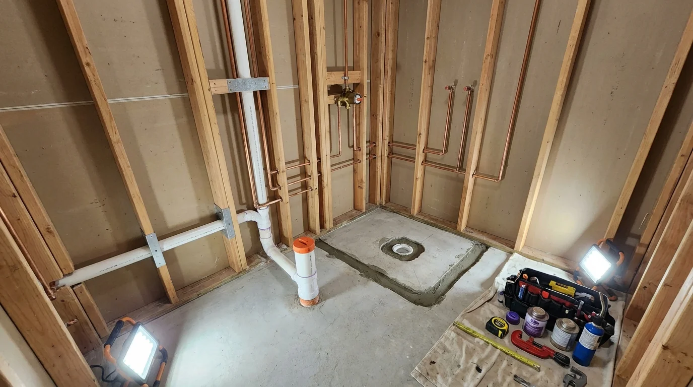 Bathroom rough-in plumbing during remodel by Johns Plumbing LLC in Elmer