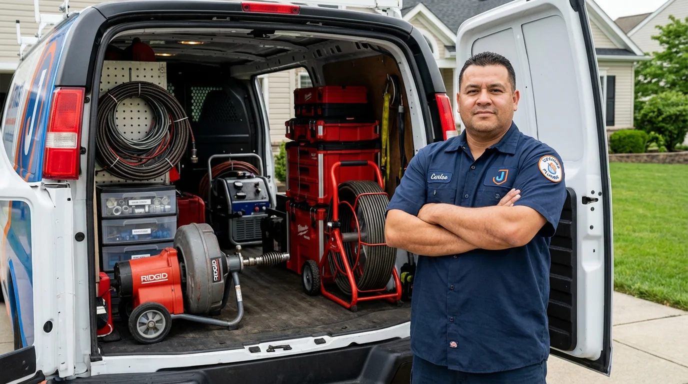 Professional drain cleaning equipment and Johns Plumbing LLC plumber in Elmer