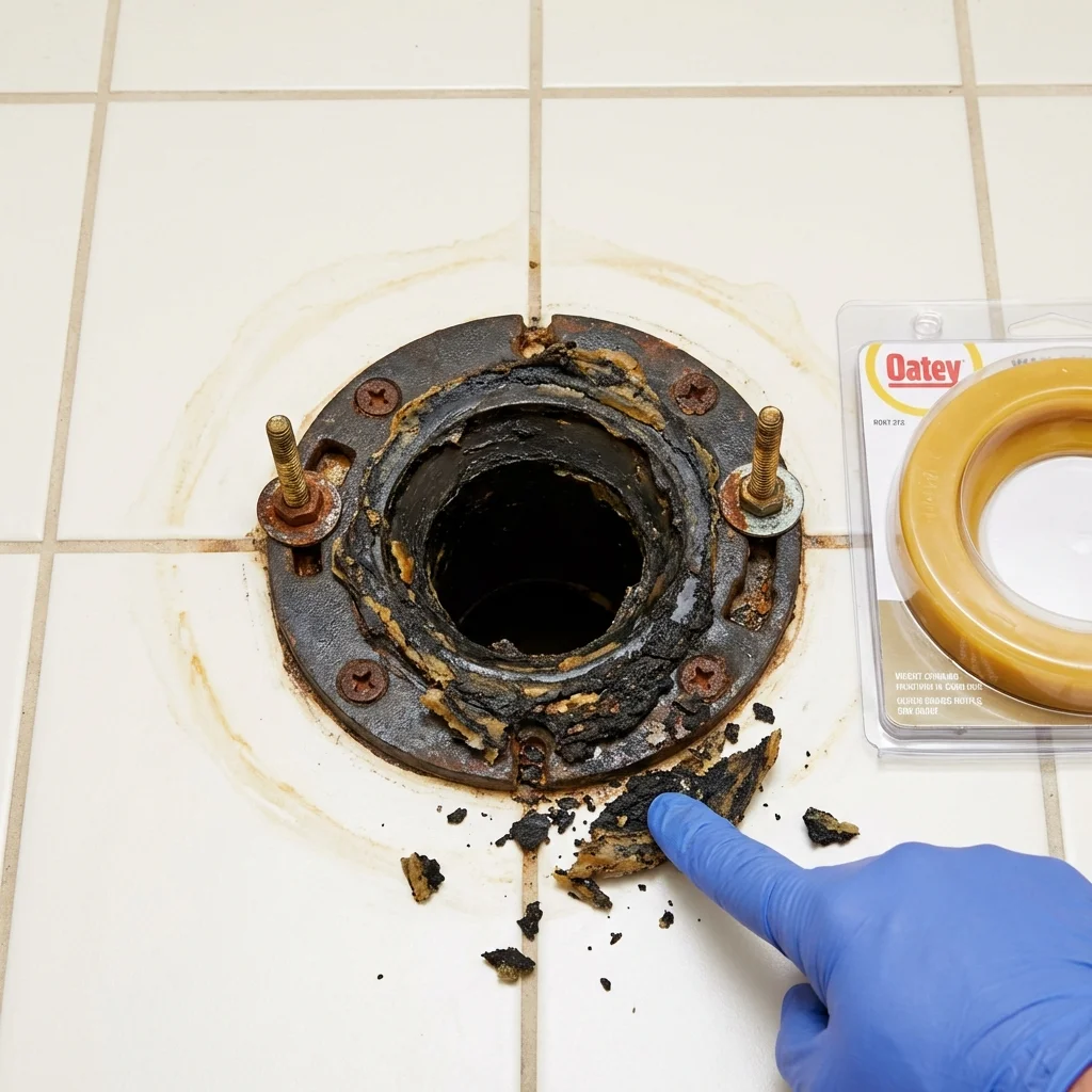 Failed wax ring showing water seepage at the base of a toilet in a Elmer, NJ home