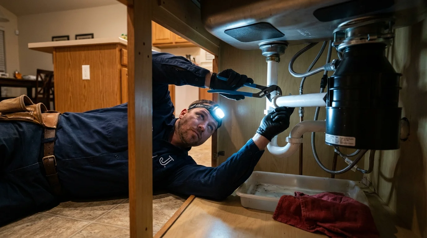 P-trap and supply line connections under a kitchen sink showing a common leak point in Elmer, NJ